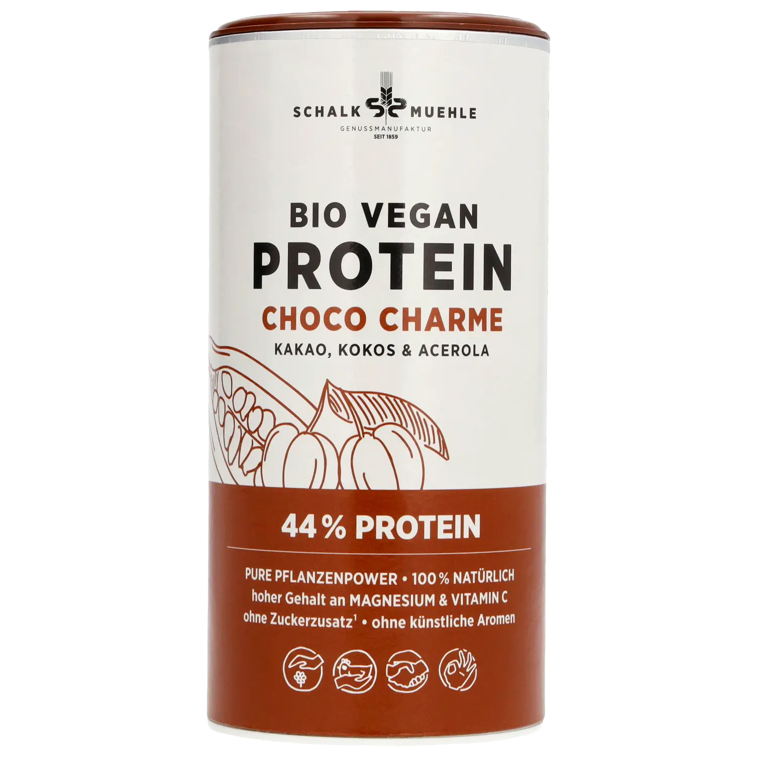Schalk Mühle Bio Vegan Protein Choco Charme, Vorderseite der Dose mit Kakao, Kokos und Acerola