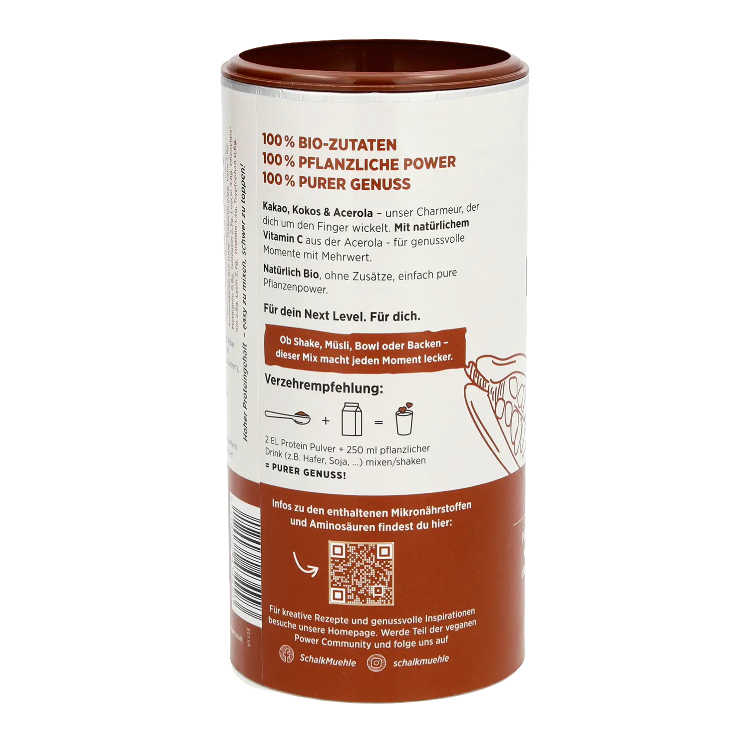 Schalk Mühle organic Vegan Protein Choco Charme, side view with product description and serving suggestion