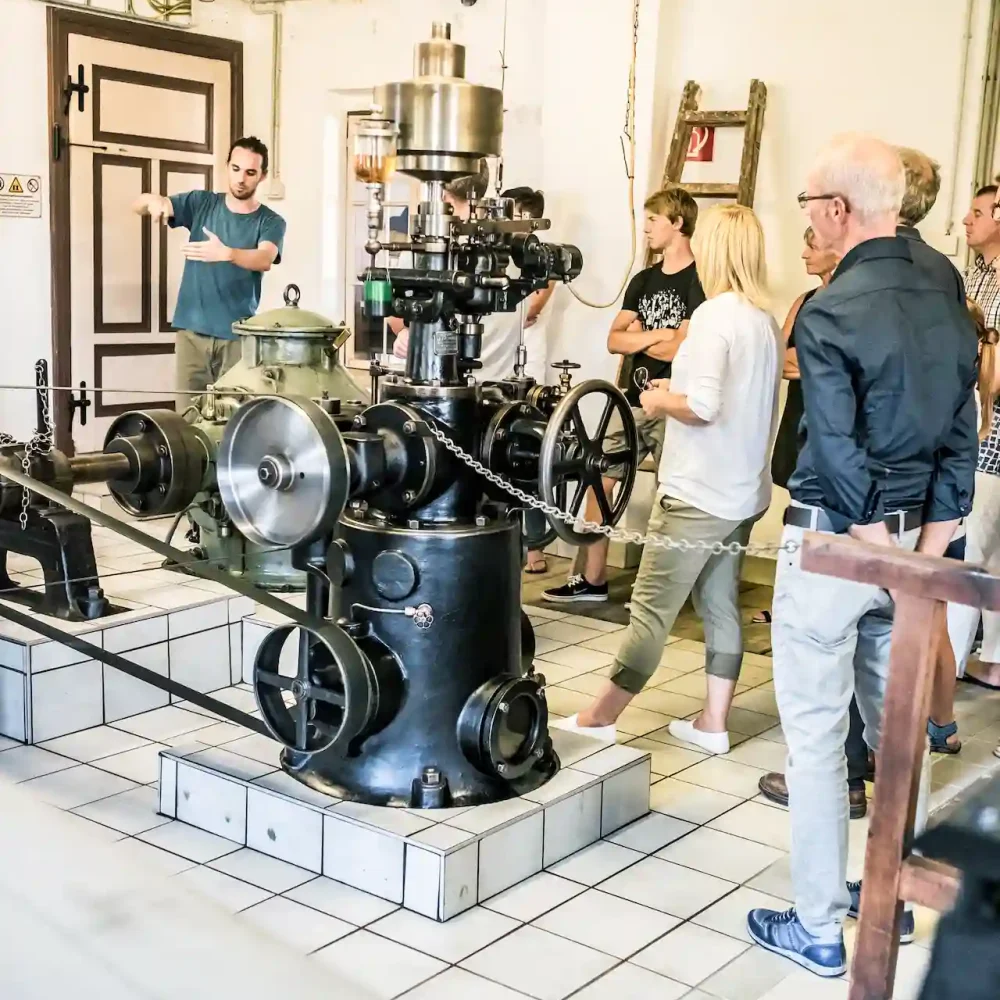 Guide erklärt einer Besuchergruppe die historische Turbine im alten Wasserkraftwerk der Schalk Mühle