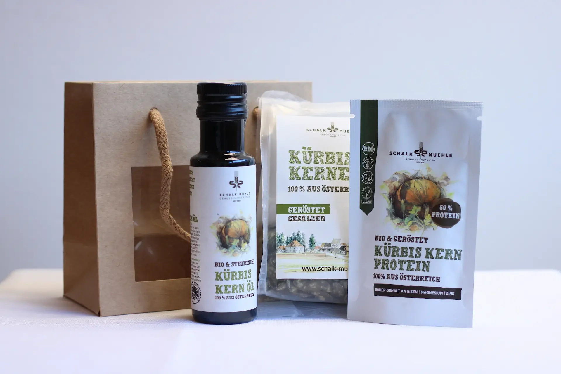 Gift bag with pumpkin seed oil, roasted pumpkin kernels, and pumpkin kernel protein