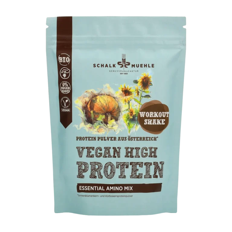 Schalk Mühle Vegan High Protein Essential Amino Mix Pulver, Workout Shake, Vorderseite der Verpackung