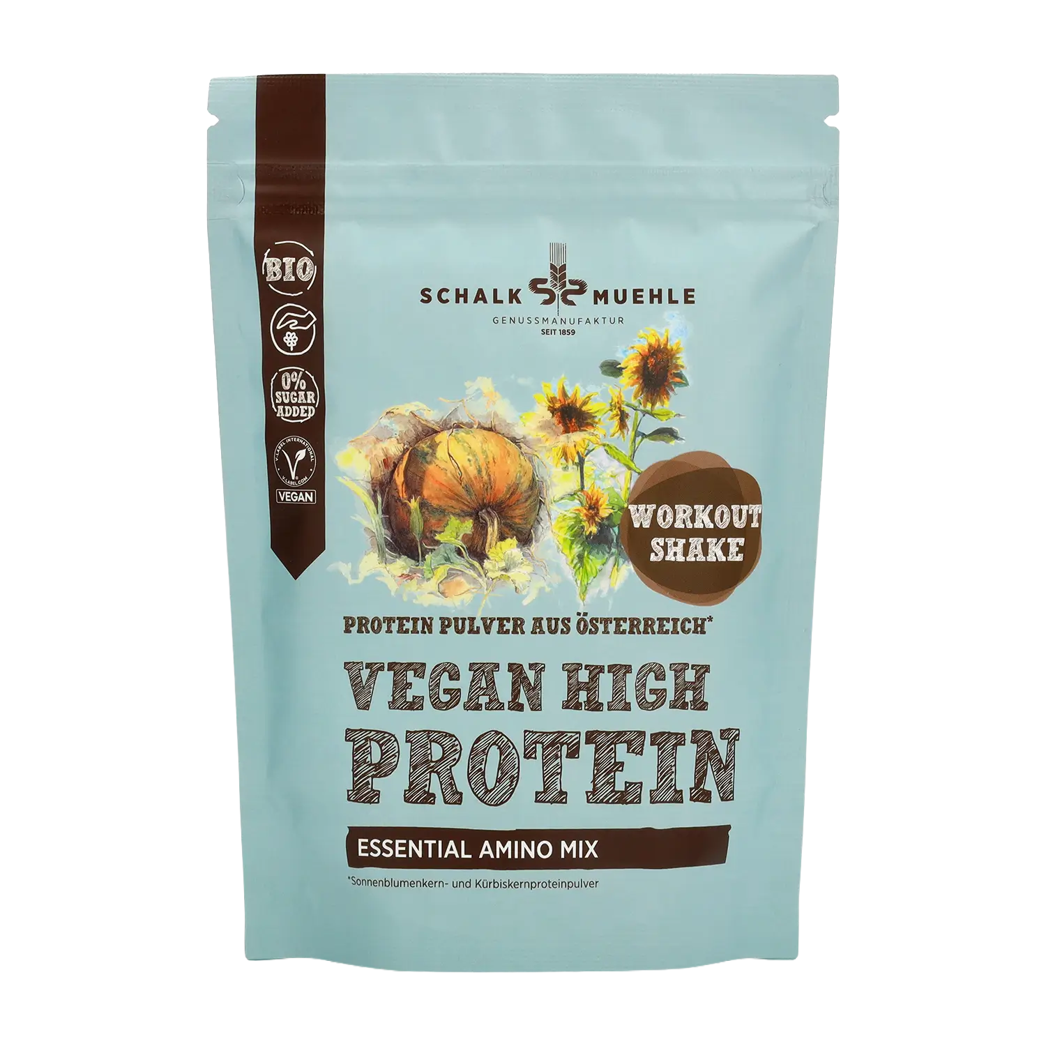 Schalk Mühle Vegan High Protein Essential Amino Mix Pulver, Workout Shake, Vorderseite der Verpackung