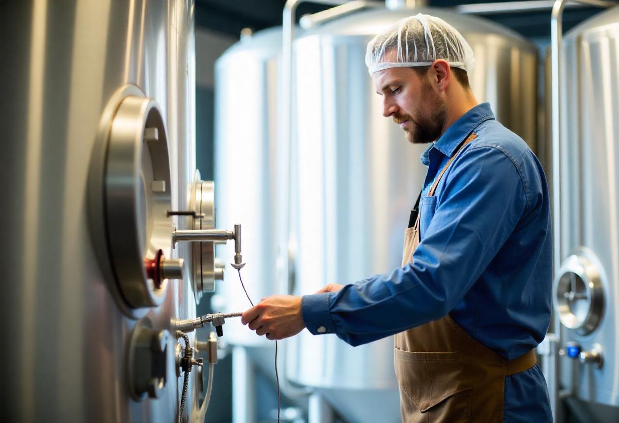 Mann mit kurzen Haaren und Haarnetz bedient eine Maschine in der Produktion