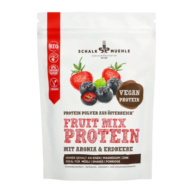 Schalk Mühle Fruit Mix Protein Pulver mit Aronia und Erdbeere, Bio und vegan, Vorderseite der Verpackung