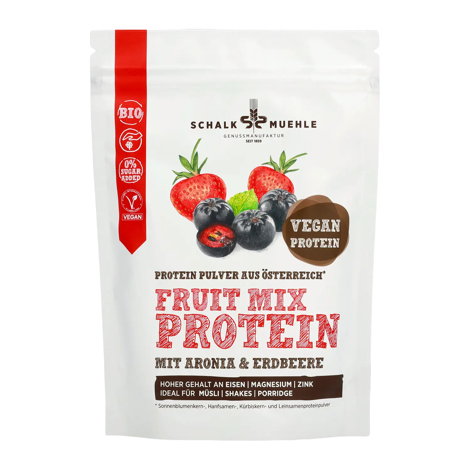 Schalk Mühle Fruit Mix Protein Pulver mit Aronia und Erdbeere, Bio und vegan, Vorderseite der Verpackung