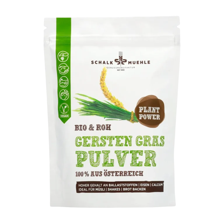 Schalk Mühle Gerstengras Pulver, Bio und roh, aus Österreich, Vorderseite der Verpackung