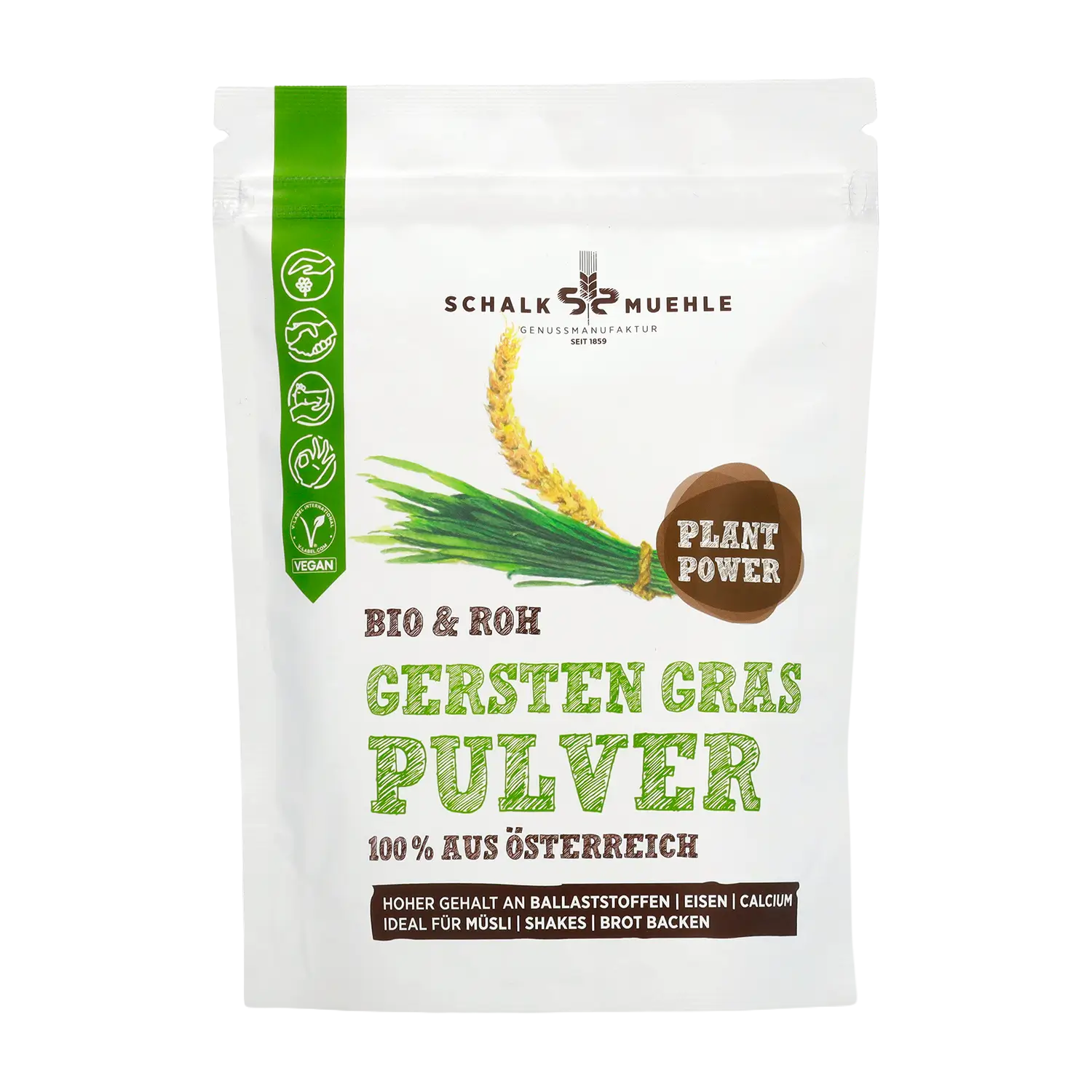 Schalk Mühle Gerstengras Pulver, Bio und roh, aus Österreich, Vorderseite der Verpackung