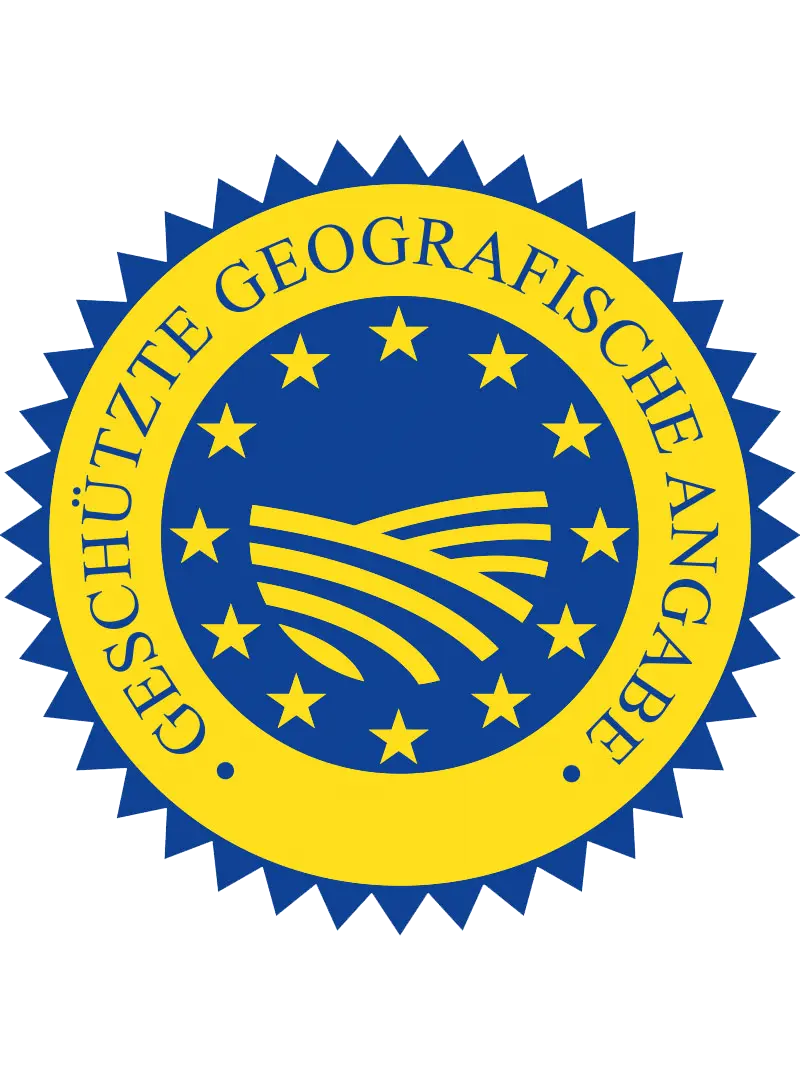 EU-Siegel Geschützte Geografische Angabe, blau-gelbe Plakette