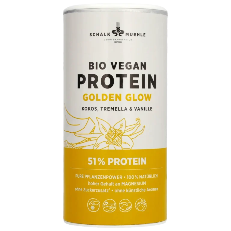 Schalk Mühle Bio Vegan Protein Golden Glow, Vorderseite der Dose mit Kokos, Tremella und Vanille
