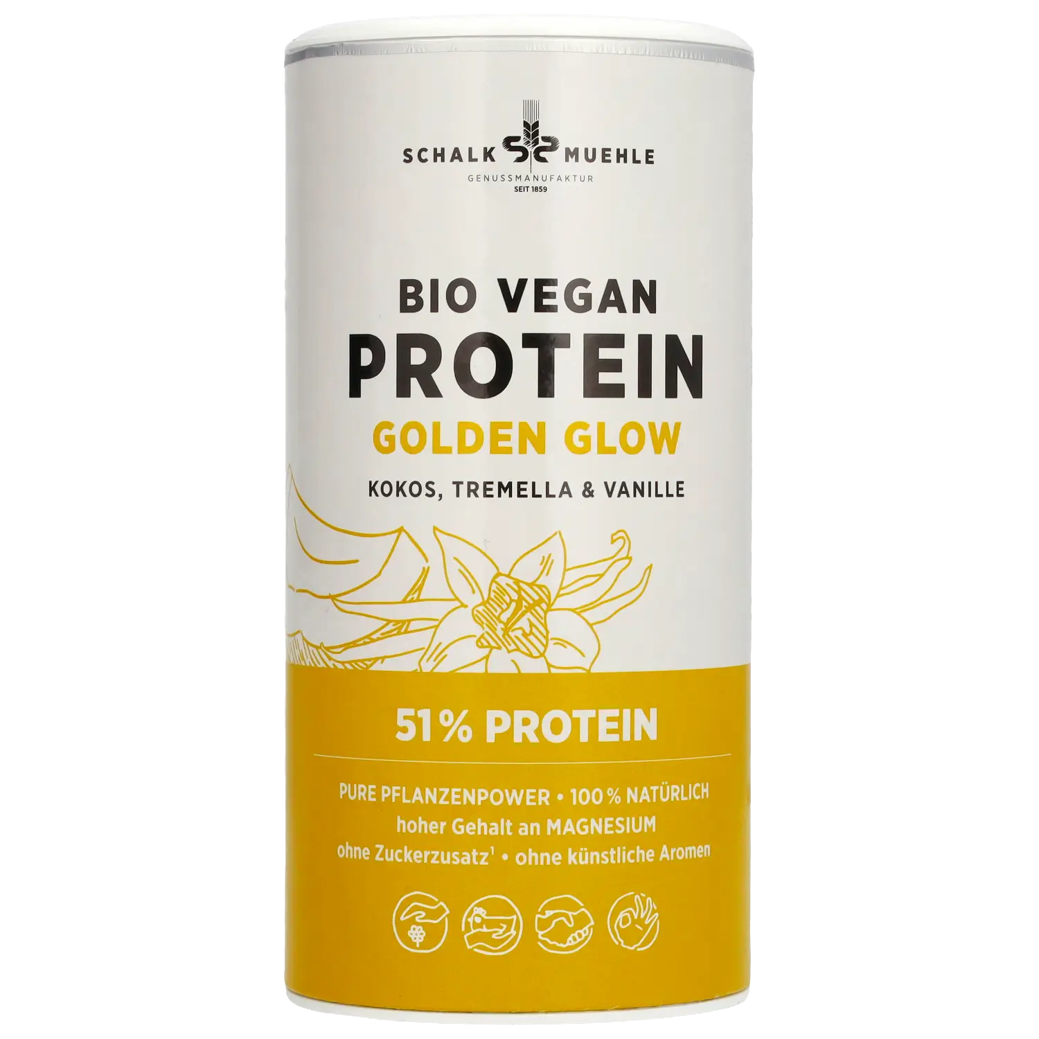 Schalk Mühle Bio Vegan Protein Golden Glow, Vorderseite der Dose mit Kokos, Tremella und Vanille