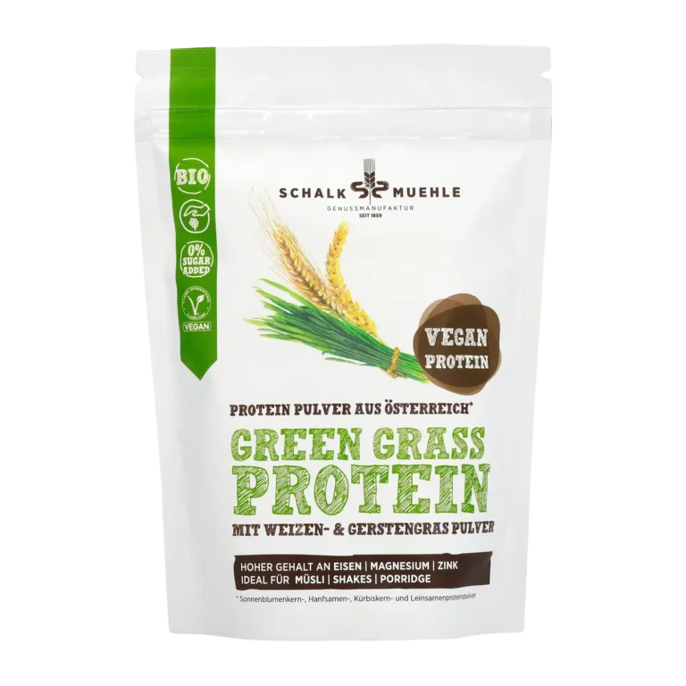 Schalk Mühle Green Grass Protein Pulver mit Weizen- und Gerstengras, Vorderseite der Verpackung