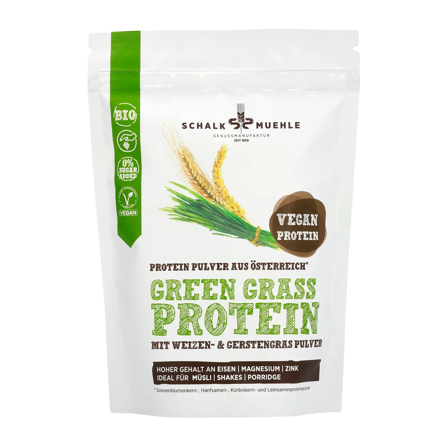 Schalk Mühle Green Grass Protein Pulver mit Weizen- und Gerstengras, Vorderseite der Verpackung