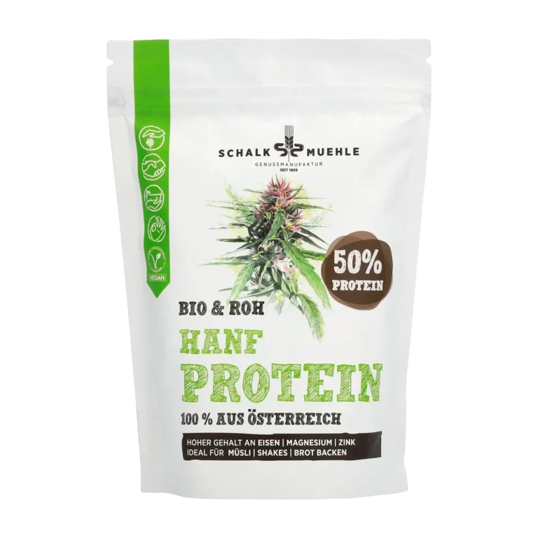 Schalk Mühle Hanf Protein Pulver Bio und roh, Vorderseite mit 50 Prozent Protein