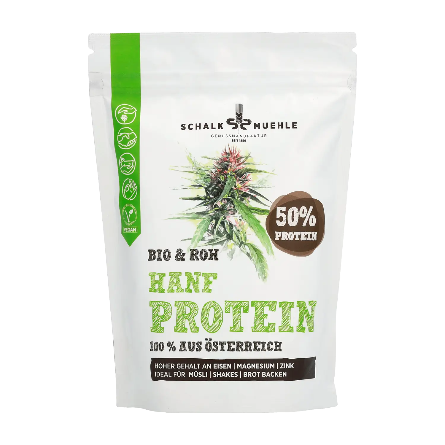 Schalk Mühle Hanf Protein Pulver Bio und roh, Vorderseite mit 50 Prozent Protein