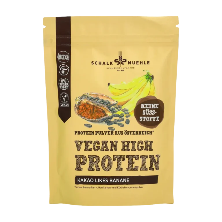 Schalk Mühle Vegan High Protein Kakao likes Banane Pulver, Vorderseite der Verpackung