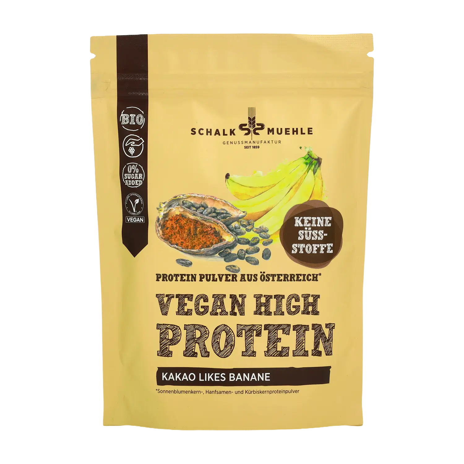 Schalk Mühle Vegan High Protein Kakao likes Banane Pulver, Vorderseite der Verpackung