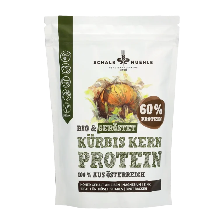 Schalk Mühle Kürbiskern Protein Pulver Bio und geröstet, Vorderseite mit 60 Prozent Protein