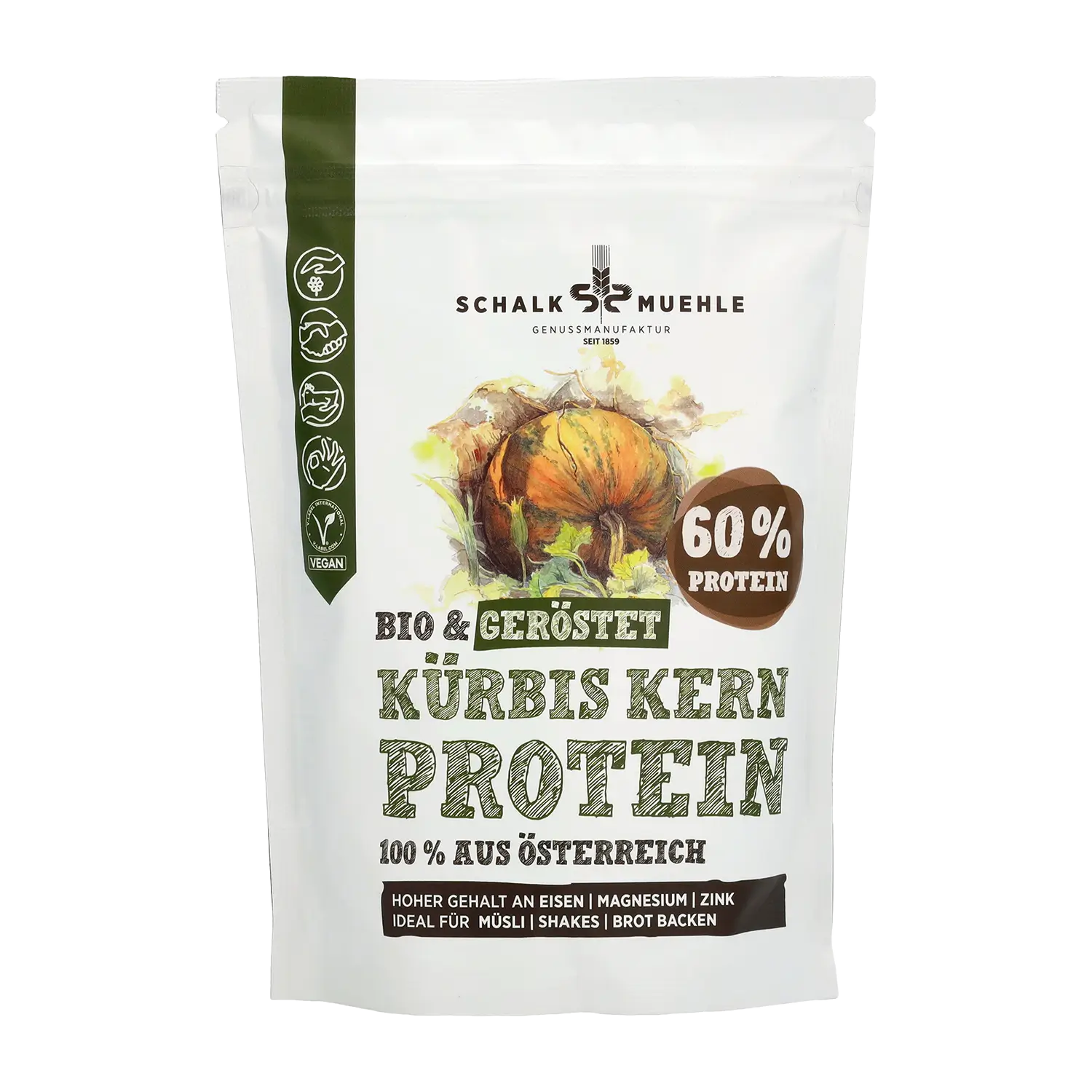 Schalk Mühle organic roasted pumpkin seed protein powder, front with 60 percent protein
