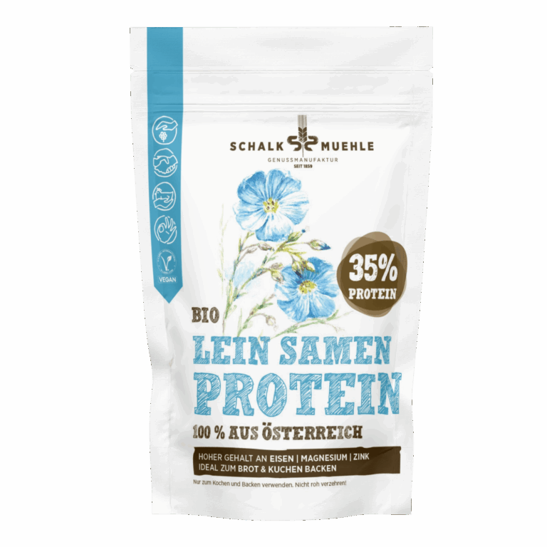 Schalk Mühle Leinsamen Protein Pulver Bio, Vorderseite mit 35 Prozent Protein