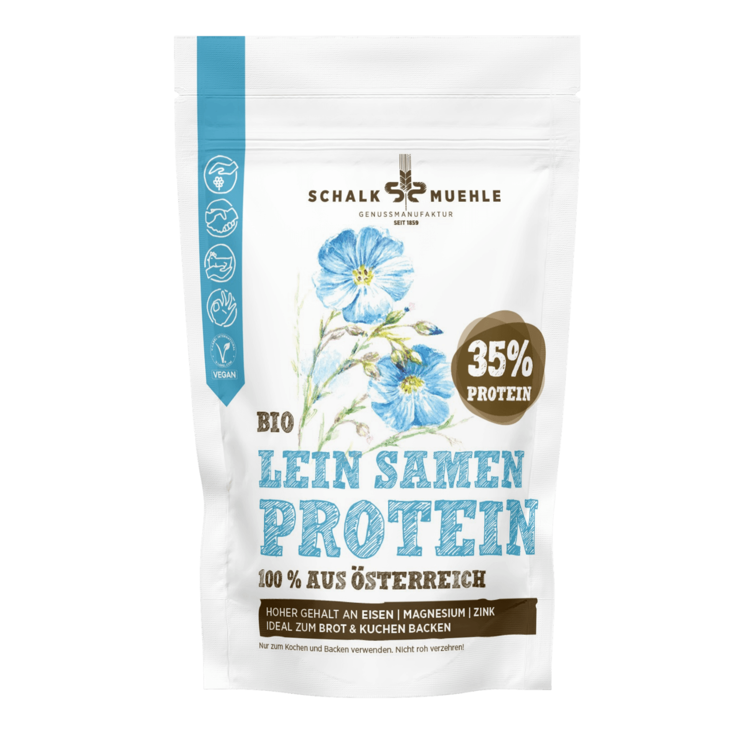 Schalk Mühle Flaxseed Protein Powder Organic, front with 35 percent protein