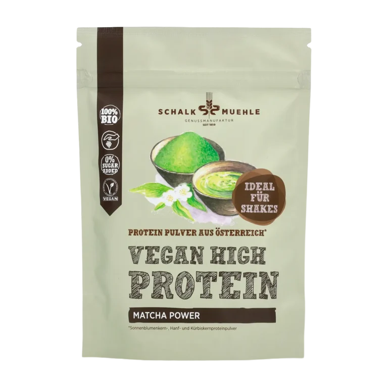 Schalk Mühle Vegan High Protein Matcha Power Pulver, Bio und vegan, Vorderseite der Verpackung