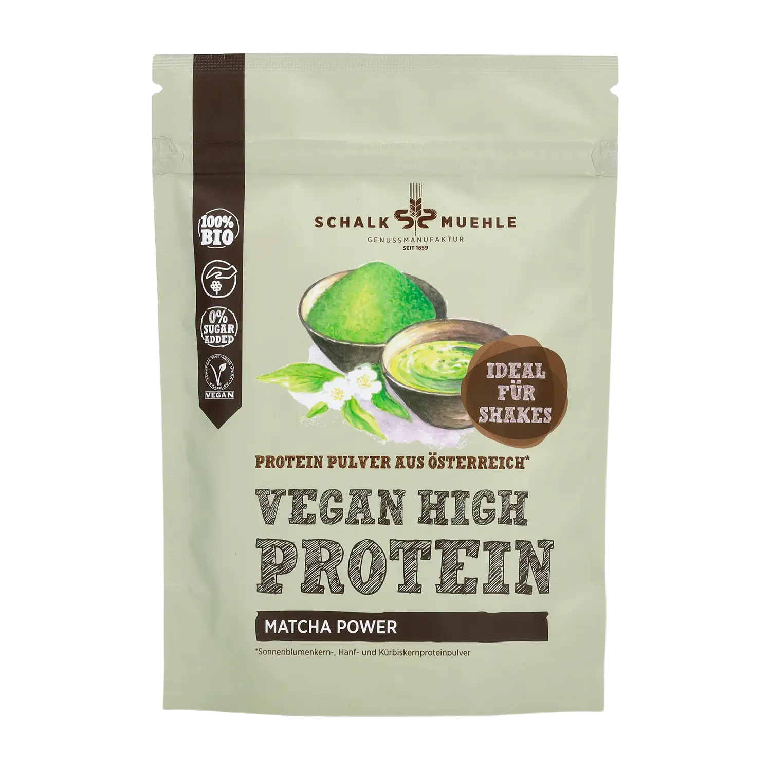 Schalk Mühle Vegan High Protein Matcha Power Pulver, Bio und vegan, Vorderseite der Verpackung