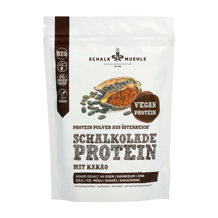 Schalk Mühle Schalkolade Protein Pulver mit Kakao, Bio und vegan, Vorderseite der Verpackung