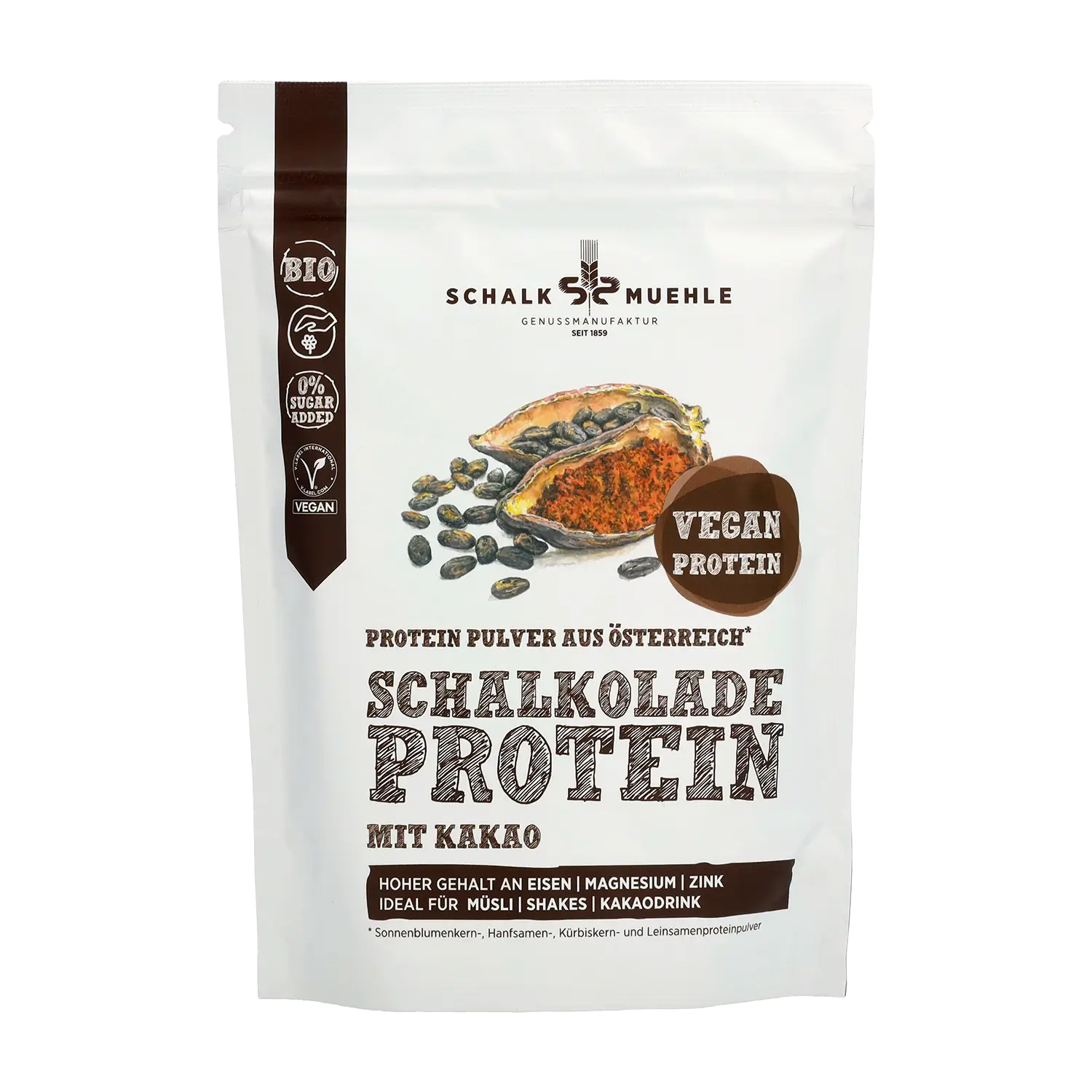 Schalk Mühle Schalkolade Protein Powder with Cocoa, organic and vegan, front of packaging