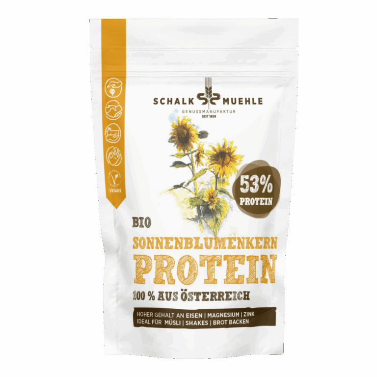 Schalk Mühle Sonnenblumenkern Protein Pulver Bio, Vorderseite mit 53 Prozent Protein