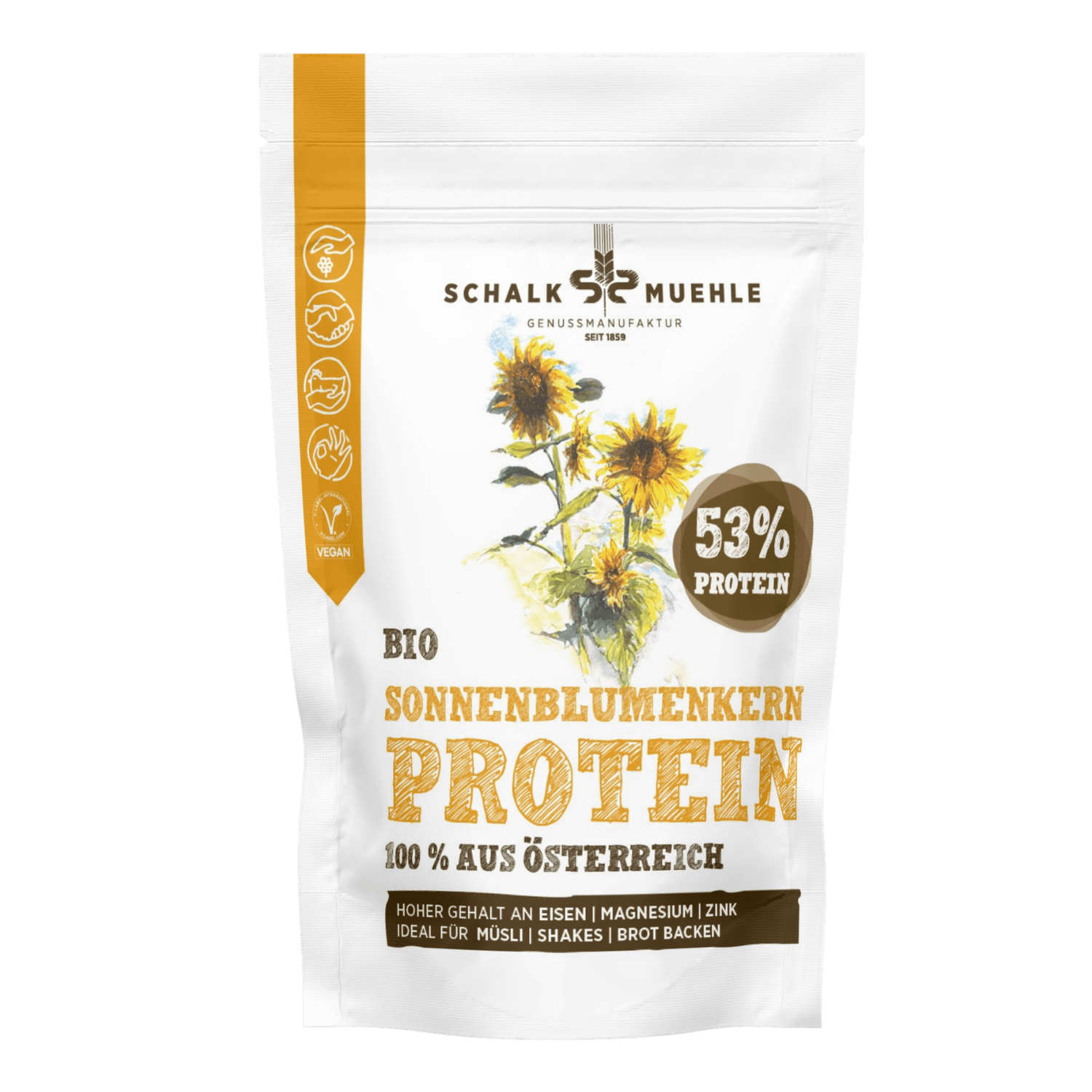 Schalk Mühle Sonnenblumenkern Protein Pulver Bio, Vorderseite mit 53 Prozent Protein