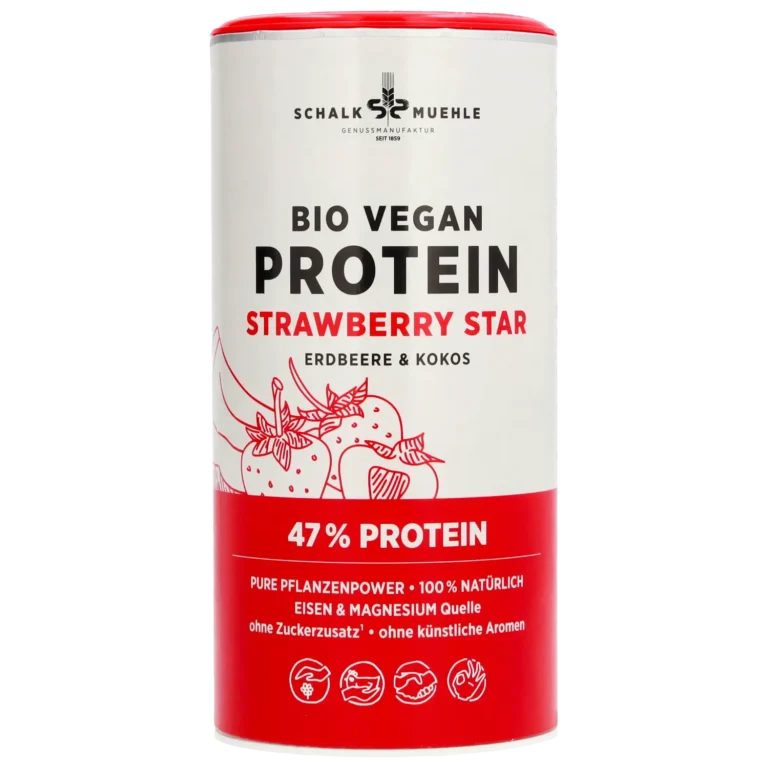Schalk Mühle Bio Vegan Protein Strawberry Star mit Erdbeere und Kokos, 47 Prozent Protein, Dose, Vorderseite