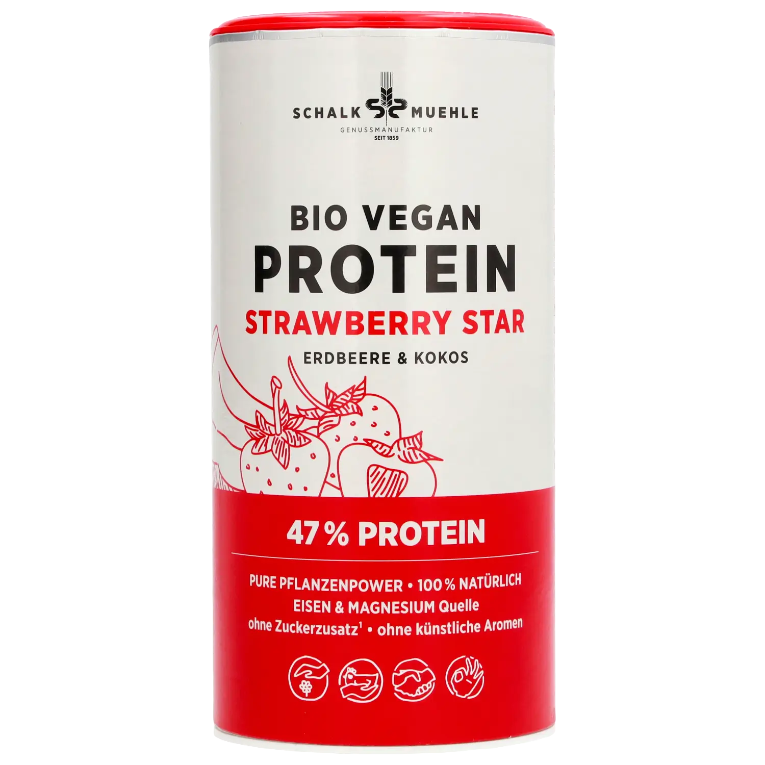 Schalk Mühle Bio Vegan Protein Strawberry Star mit Erdbeere und Kokos, 47 Prozent Protein, Dose, Vorderseite