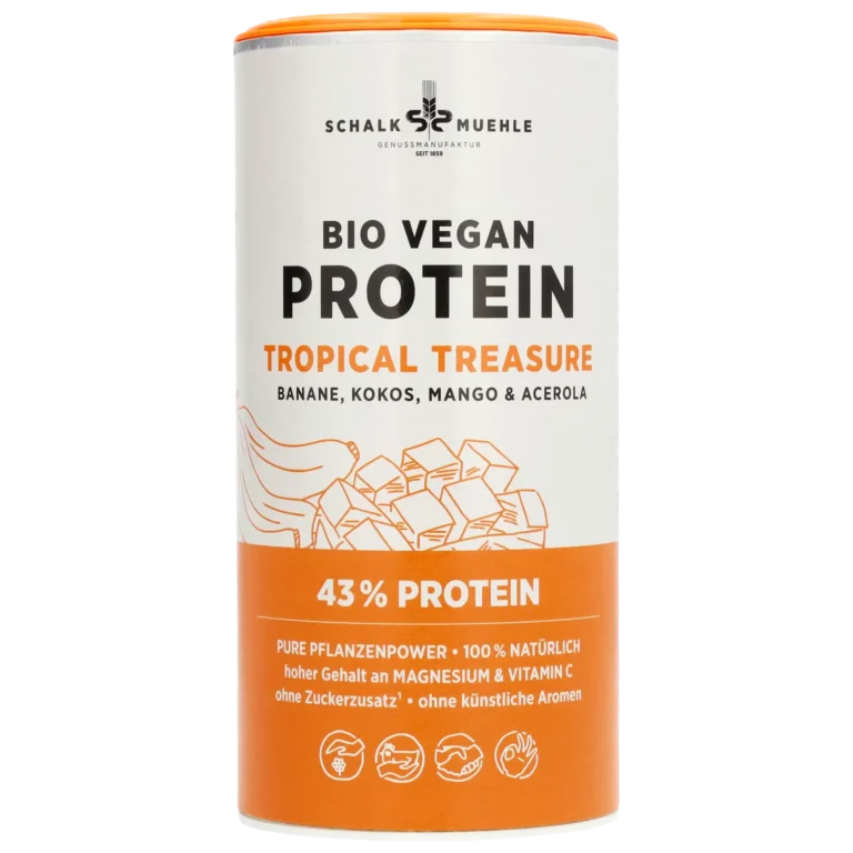 Schalk Mühle Bio Vegan Protein Tropical Treasure, Vorderseite der Dose mit Banane, Kokos, Mango und Acerola