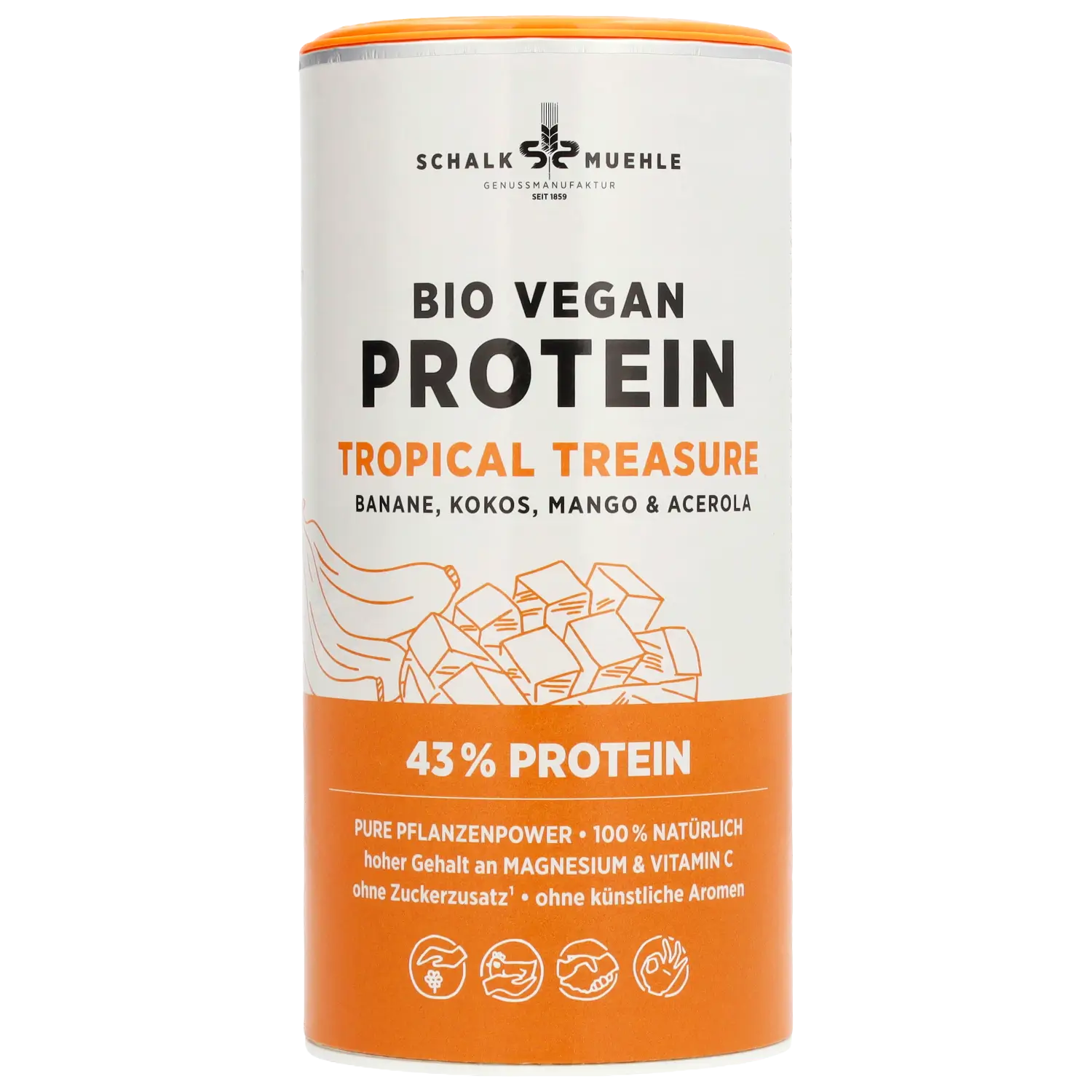 Schalk Mühle Bio Vegan Protein Tropical Treasure, Vorderseite der Dose mit Banane, Kokos, Mango und Acerola
