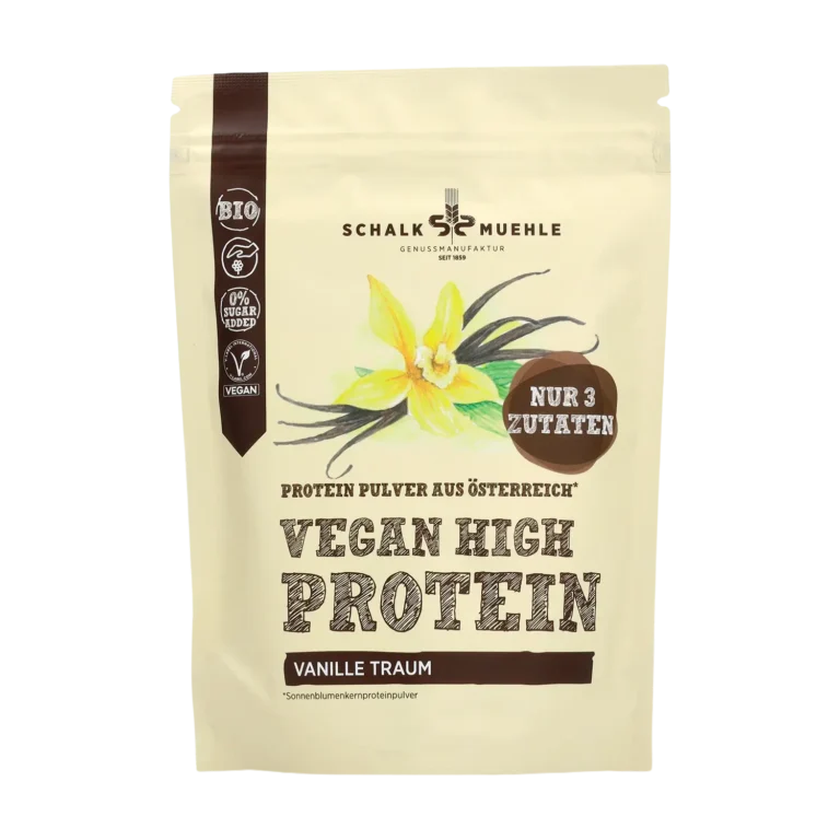 Schalk Mühle Vegan High Protein Vanille Traum Pulver, Bio und vegan, Vorderseite der Verpackung