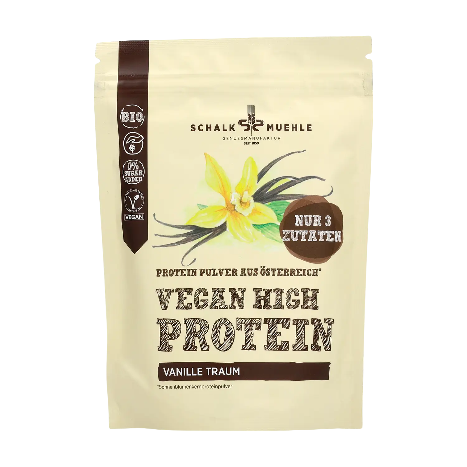 Schalk Mühle Vegan High Protein Vanille Traum Pulver, Bio und vegan, Vorderseite der Verpackung