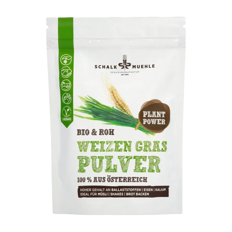 Schalk Mühle Weizengras Pulver, Bio und roh, aus Österreich, Vorderseite der Verpackung
