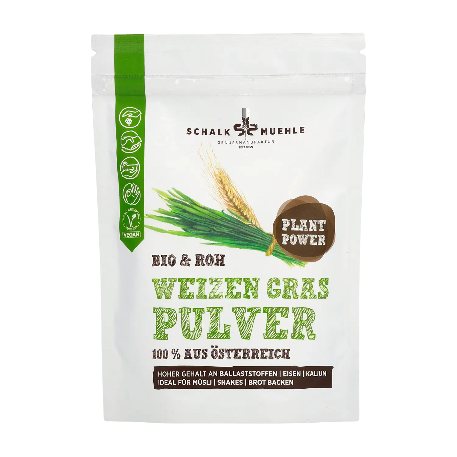 Schalk Mühle Weizengras Pulver, Bio und roh, aus Österreich, Vorderseite der Verpackung